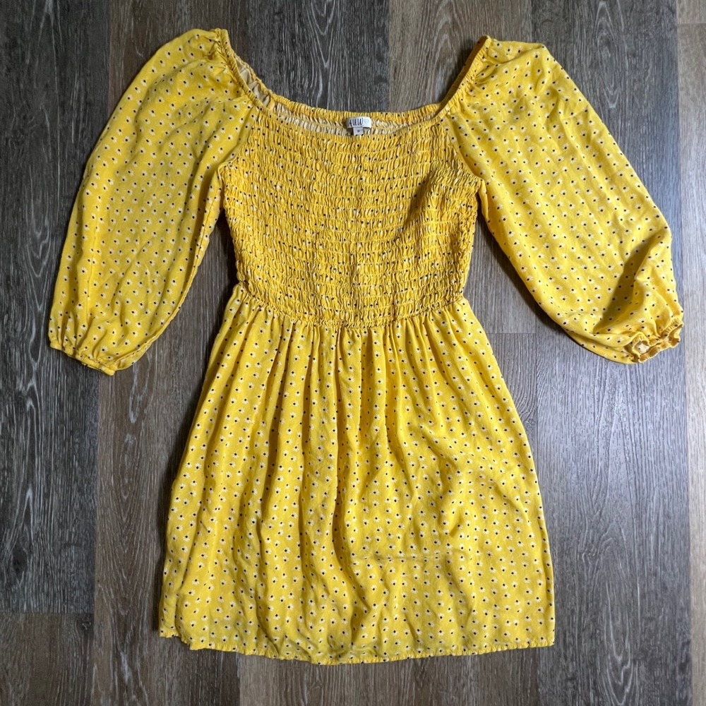 A.U.W. Mini‎ Dress Women Size M Yellow Floral Smocked Puff Sleeve Daisy Boho